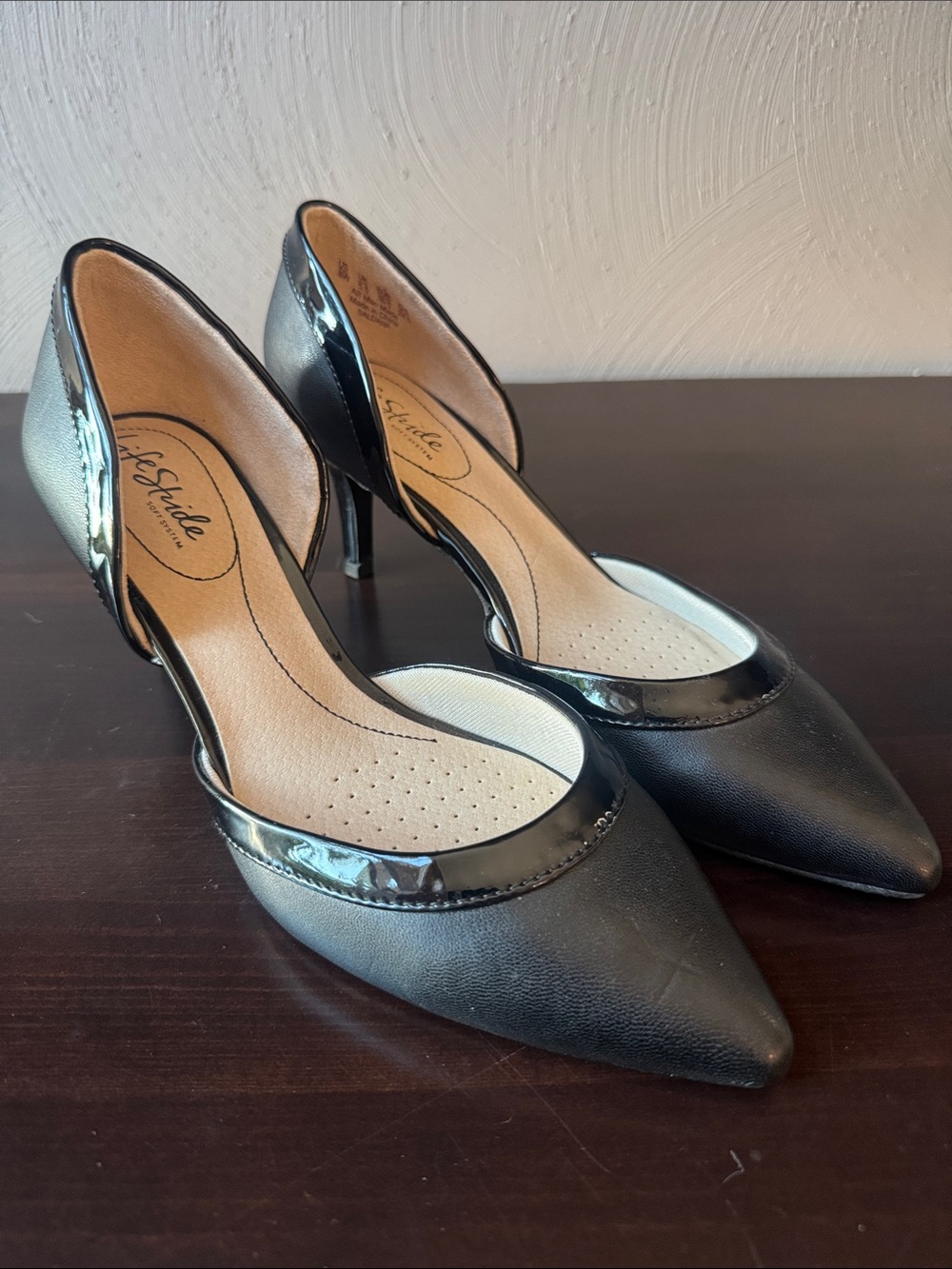Life Stride Black Pointed-Toe D'Orsay Heels with Patent Trim